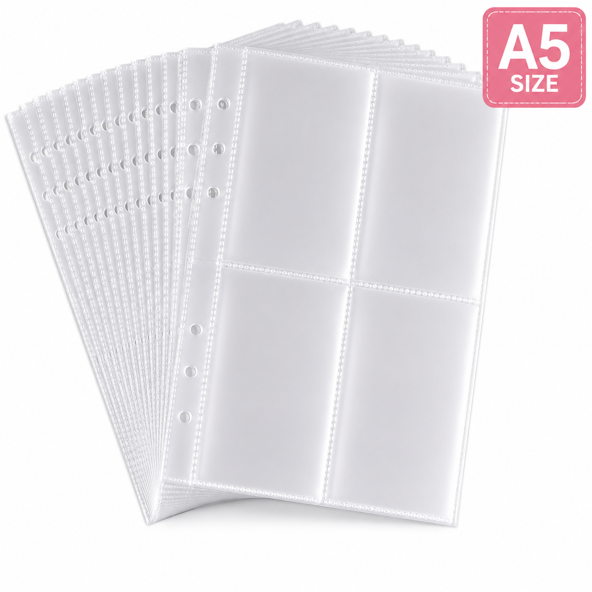 A5 Business Card Holder Pocket, Clear Plastic Card Protector for 6-Ring A5 Binder, Loose Leaf Page Sleeve for Business Cards, Credit Cards & Photo Cards (A5 Size, Sold Individually)